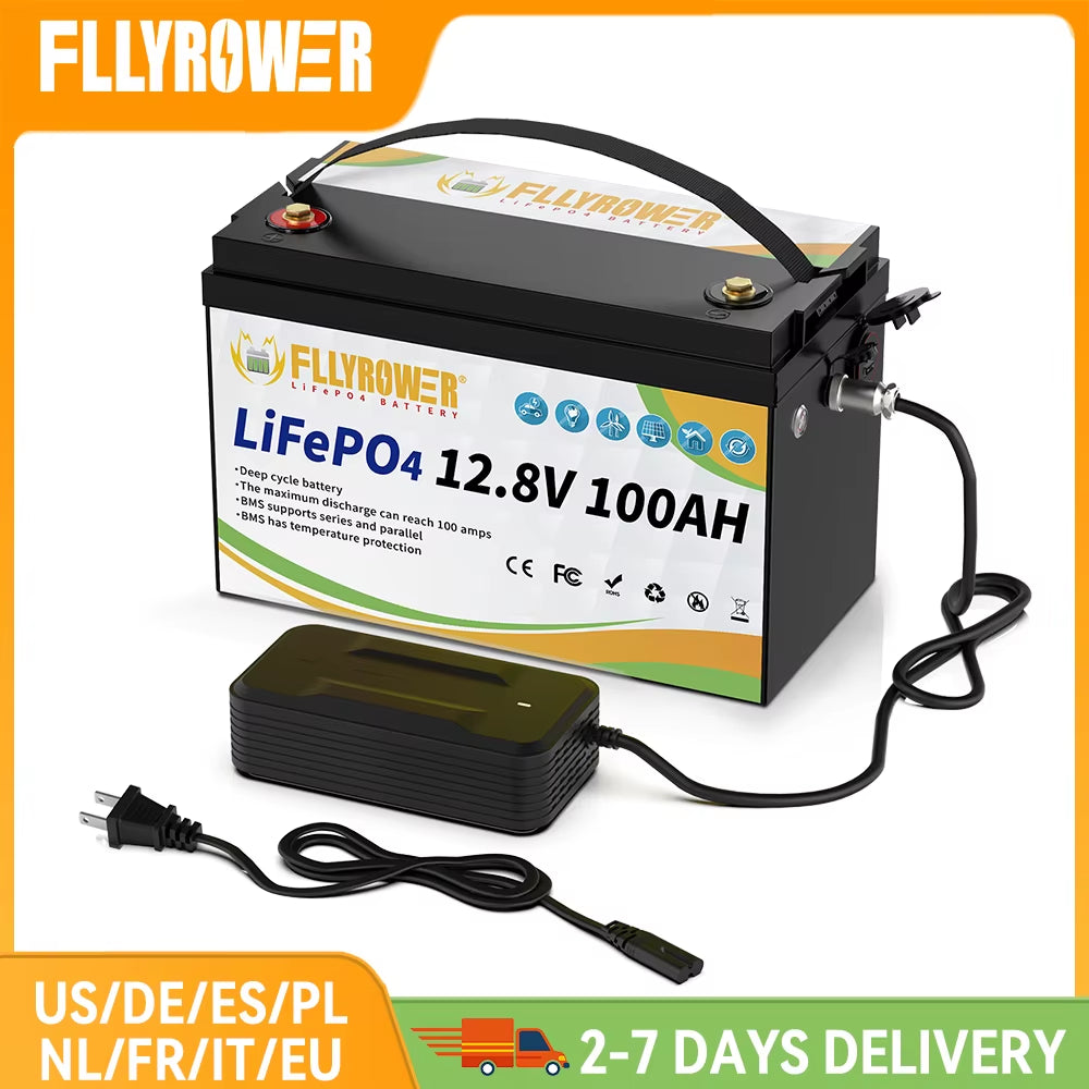 FLLYROWER 12V 100Ah Lifepo4 Lithium Battery Pack with Charger BMS100A for Inverter Solar Off-Road Off-Grid Solar Energy Cycle