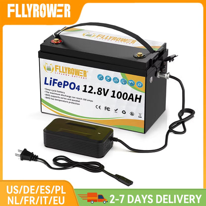 FLLYROWER 12V 100Ah Lifepo4 Lithium Battery Pack with Charger BMS100A for Inverter Solar Off-Road Off-Grid Solar Energy Cycle