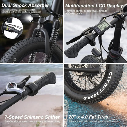 20Electric Bike for Adults 500W Brushless Motor (Peak 750W), 20MPH Fat Tire Ebike, Foldable Adult Electric Bicycles