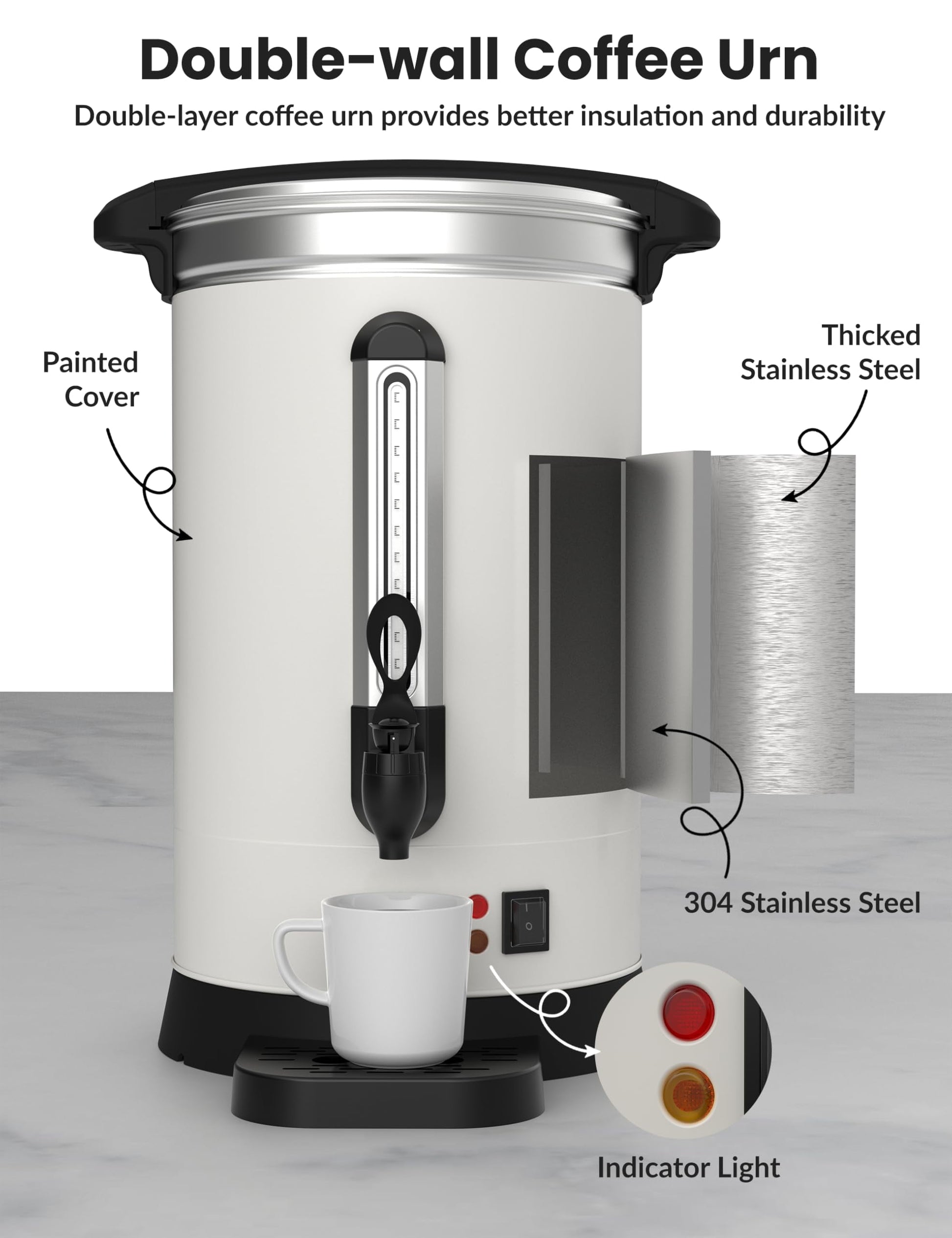 TROPOW 100 Cups Coffee Urn,18L Double Wall Commerical Coffee Maker for Buffet Catering Wedding Gathering,Large Capacity Hot Coffee Dispenser,Stainless Steel Hot Water Urn