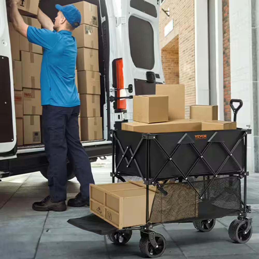 14.12 Cu. Ft. Steel Garden Cart Foldable Double Decker Wagon 400L Collapsible Wagon with All-Terrain Wheels Heavy Duty