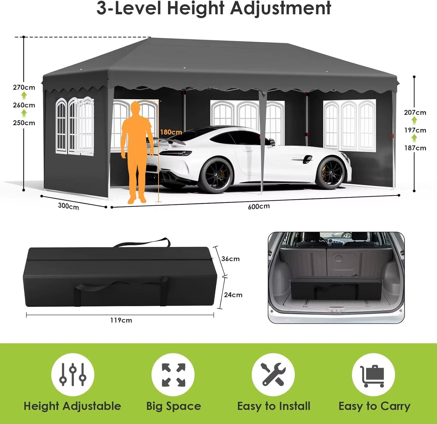 Pavilion Popup Gazebo 3X6M Waterproof Folding Gazebo Tent Party Tent 6 Side Panels Fully Enclosed UV 50+ Height Adjustable 2-3M
