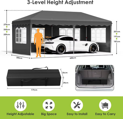 Pavilion Popup Gazebo 3X6M Waterproof Folding Gazebo Tent Party Tent 6 Side Panels Fully Enclosed UV 50+ Height Adjustable 2-3M