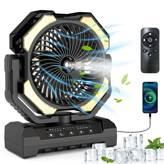 16000Mah Rechargeable Camping Misting Fan, 250Ml Water Tank,4 Speed, Remote Control, Timer, 4 LED Brightness