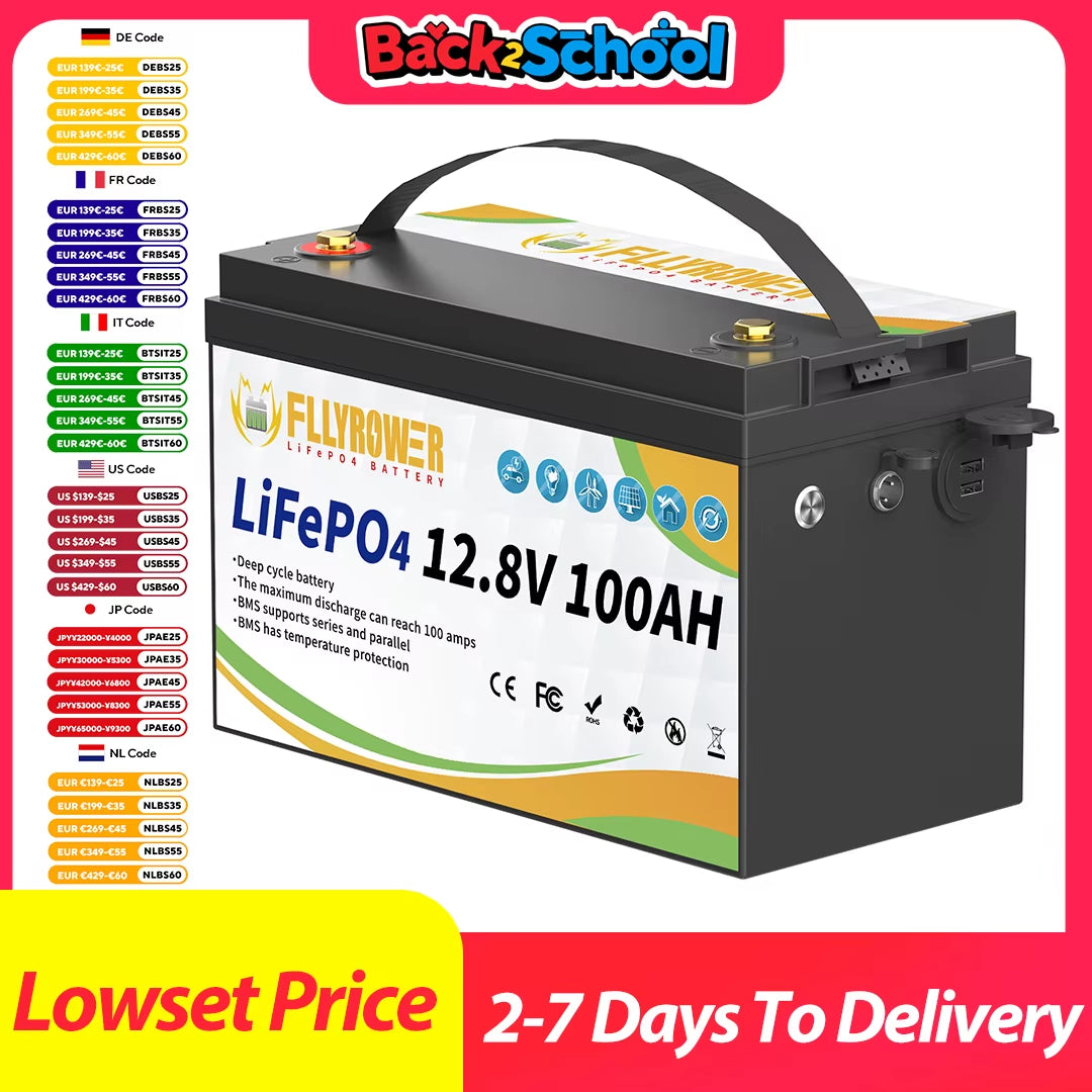 FLLYROWER 12V 100Ah Lifepo4 Lithium Battery Pack with Charger BMS100A for Inverter Solar Off-Road Off-Grid Solar Energy Cycle