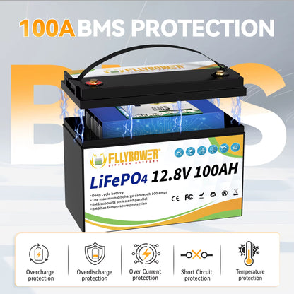 FLLYROWER 12V 100Ah Lifepo4 Lithium Battery Pack with Charger BMS100A for Inverter Solar Off-Road Off-Grid Solar Energy Cycle