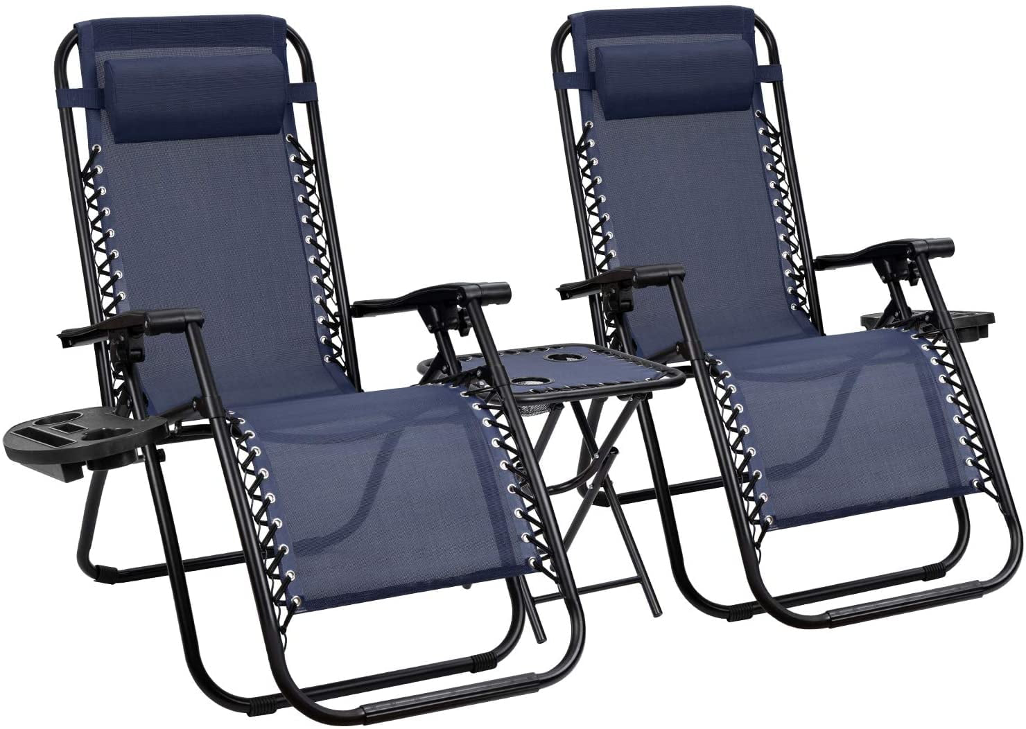 Vineego 3 Pieces Zero Gravity Chair Patio Foldable Chaise Lounge Chairs 2 Beach Chairs and Table with Cup Holders,Blue