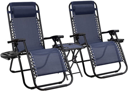 Vineego 3 Pieces Zero Gravity Chair Patio Foldable Chaise Lounge Chairs 2 Beach Chairs and Table with Cup Holders,Blue