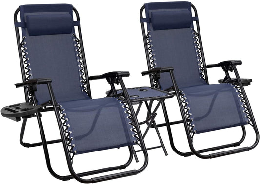 Vineego 3 Pieces Zero Gravity Chair Patio Foldable Chaise Lounge Chairs 2 Beach Chairs and Table with Cup Holders,Blue