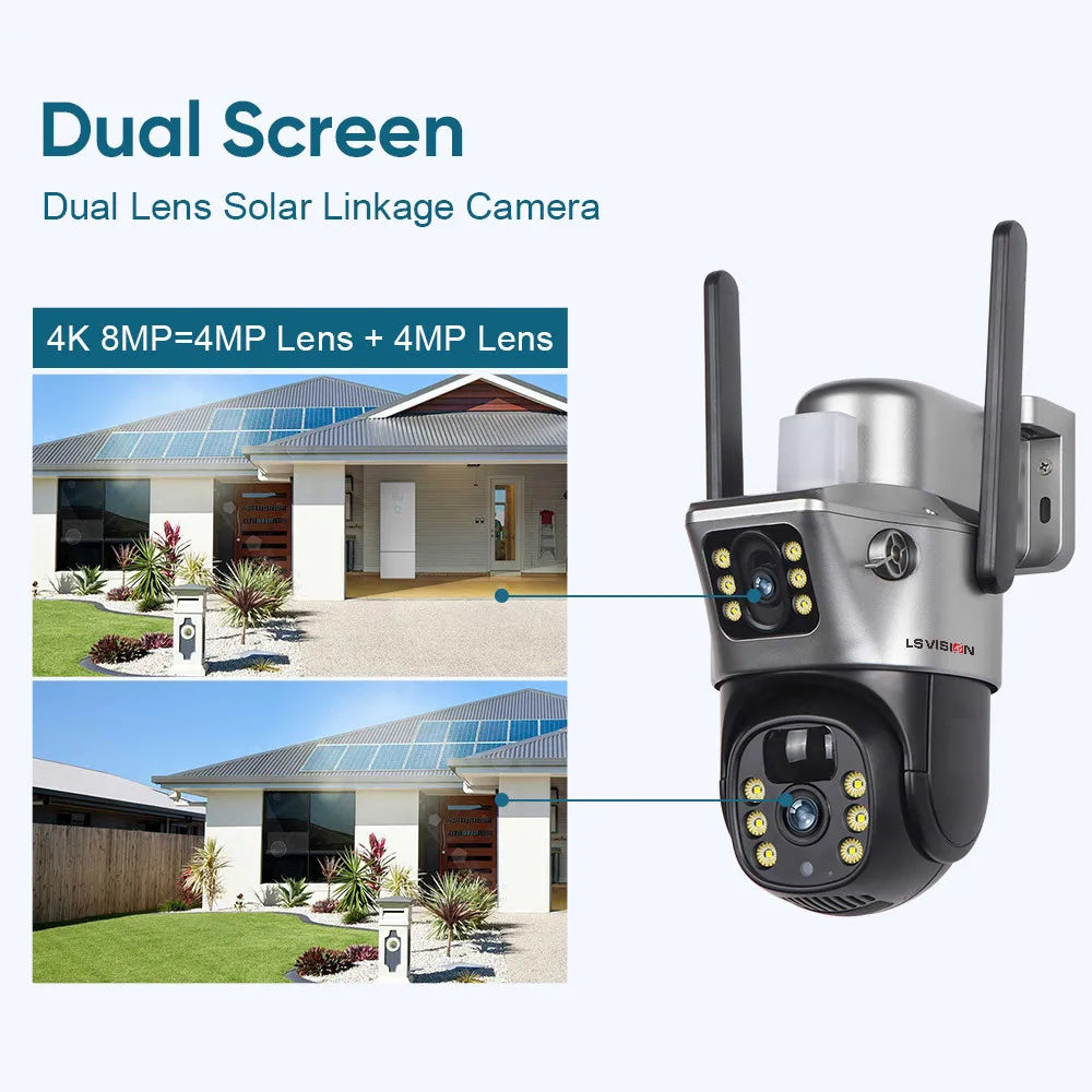 LS VISION Solar Camera 4G Sim Outdoor Dual Lens Wifi 8MP 4K IP Camara Solar Panel CCTV Security Built in Battery PIR Cam V380