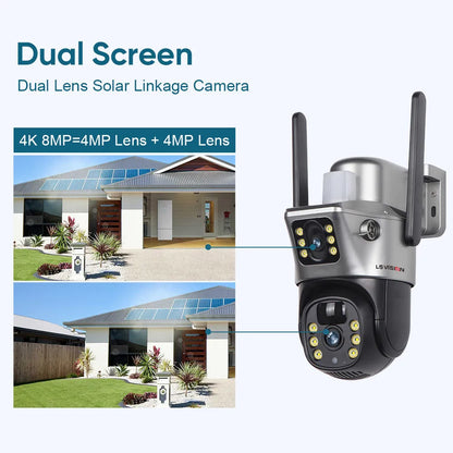 LS VISION Solar Camera 4G Sim Outdoor Dual Lens Wifi 8MP 4K IP Camara Solar Panel CCTV Security Built in Battery PIR Cam V380