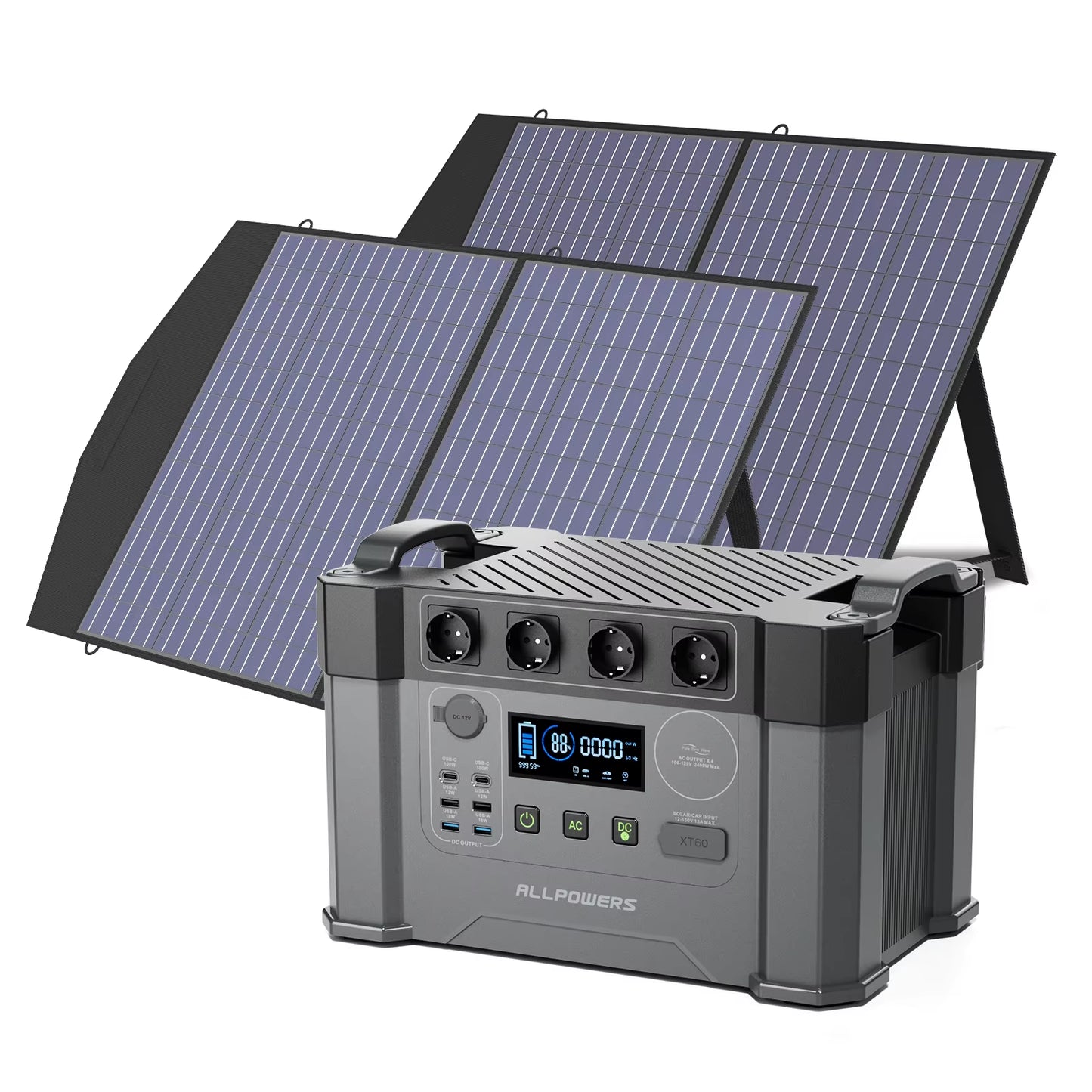ALLPOWERS Solar Generator 2400W Battery Charger,110V/230V Pure Sine Wave AC Outlet with 2×100W Portable Solar Panel for Outdoors