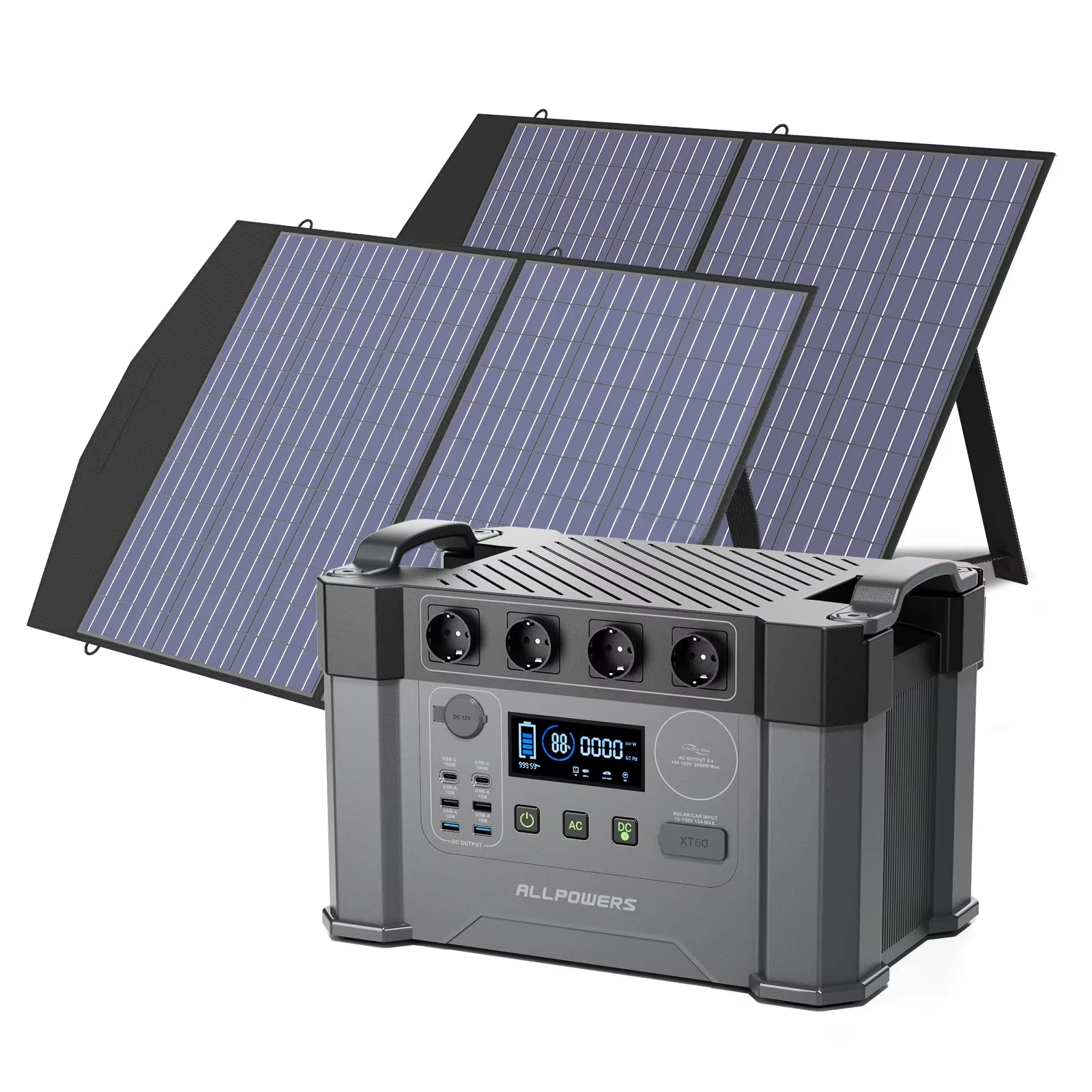 ALLPOWERS Solar Generator 2400W Battery Charger,110V/230V Pure Sine Wave AC Outlet with 2×100W Portable Solar Panel for Outdoors