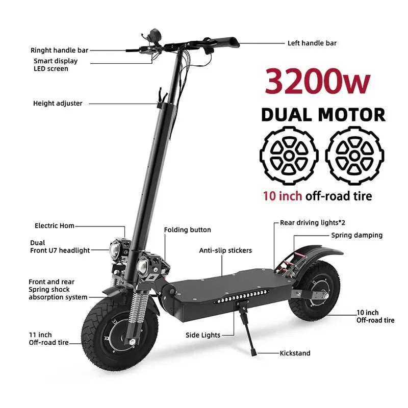 AJOOSOOS Electric Scooter 60V 3200W Powerful Dual Motor Foldable Scooter Electric Dual Shock Absorption E Scooter for Adults