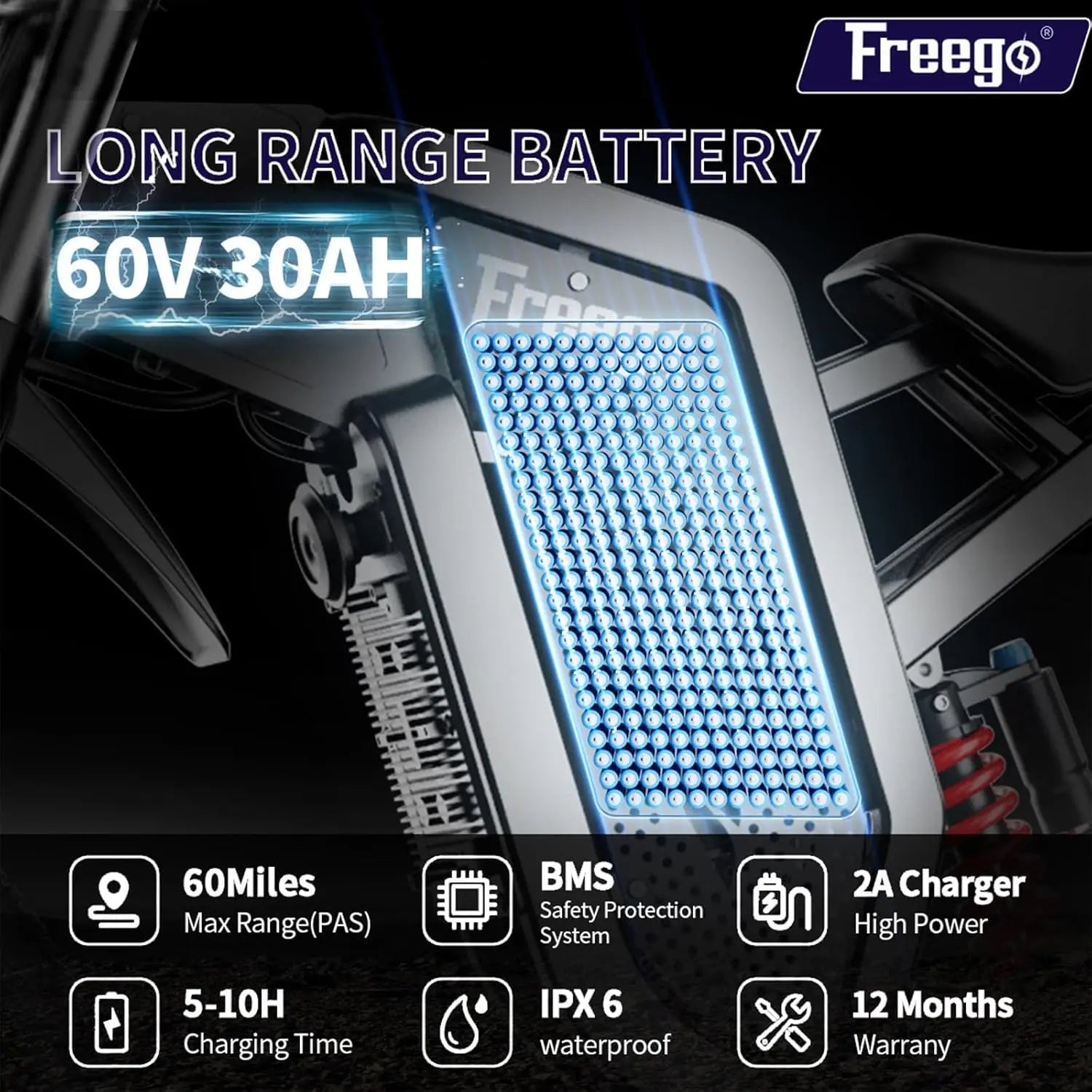 Ebike Freego X2 Electric Motorcycles Brushless Gearless Motors 6000W 60V/30Ah Lithium Battery 50MPH Adult off Road MTB Ebike