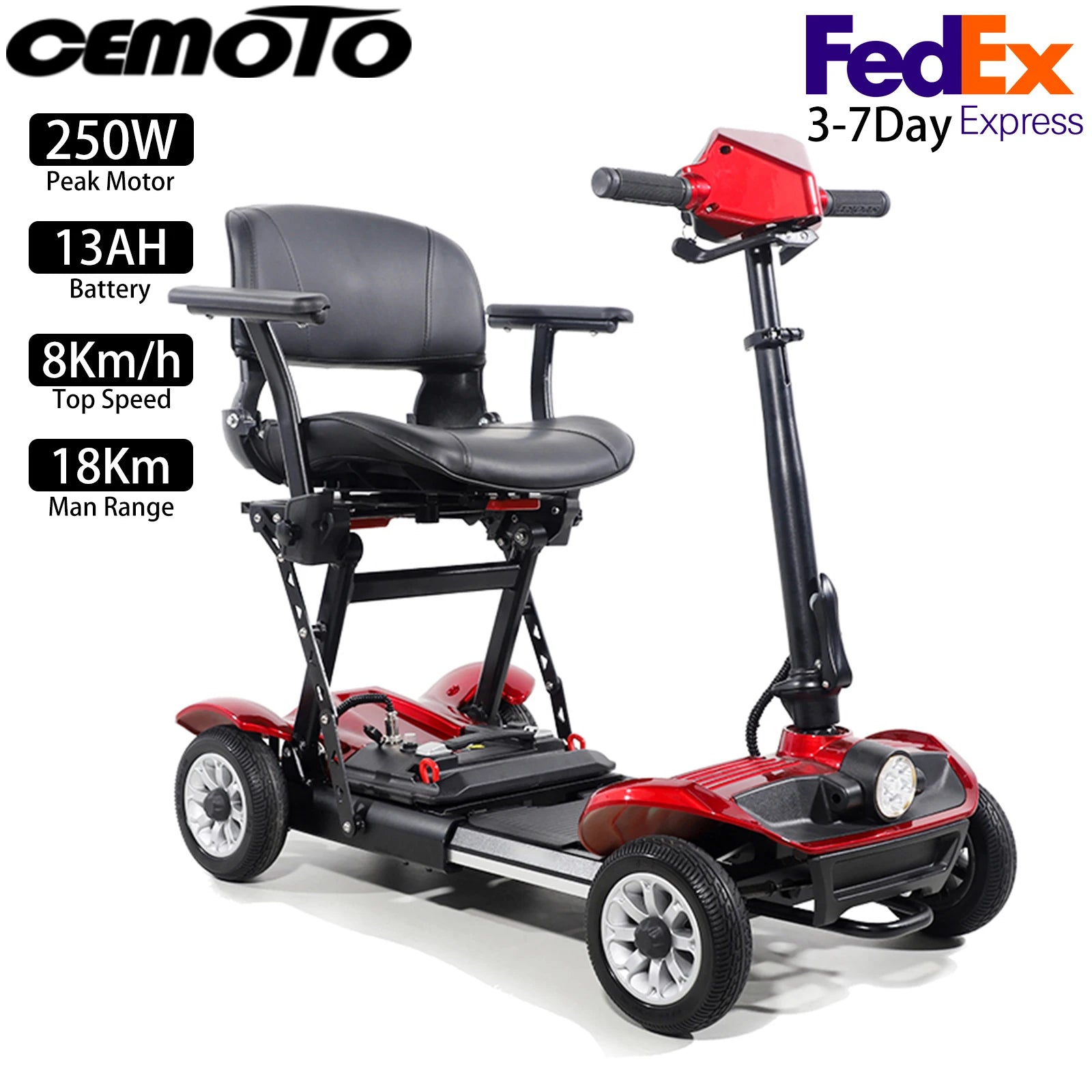 Four-Wheeled Mobility Scooter for Seniors,250W, 48V 13AH, 8Km/H, 18Km,265Lbs Max Range,2025 New E-Scooter