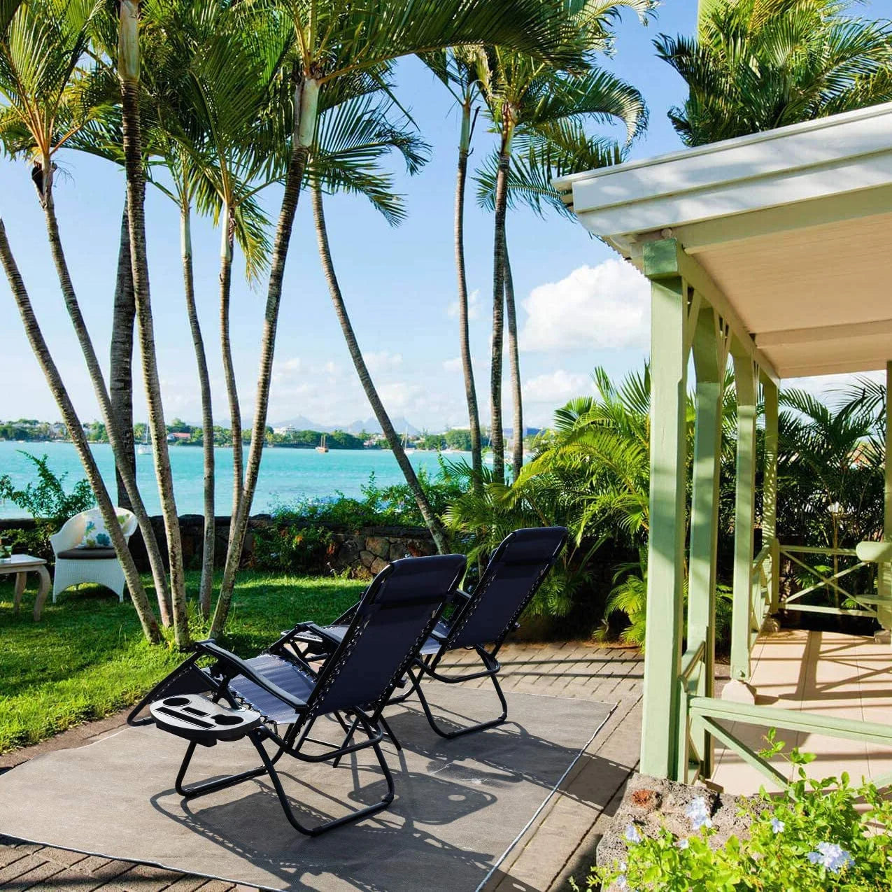 Vineego 3 Pieces Zero Gravity Chair Patio Foldable Chaise Lounge Chairs 2 Beach Chairs and Table with Cup Holders,Blue