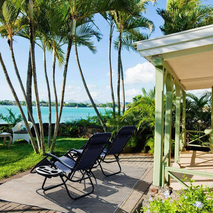 Vineego 3 Pieces Zero Gravity Chair Patio Foldable Chaise Lounge Chairs 2 Beach Chairs and Table with Cup Holders,Blue