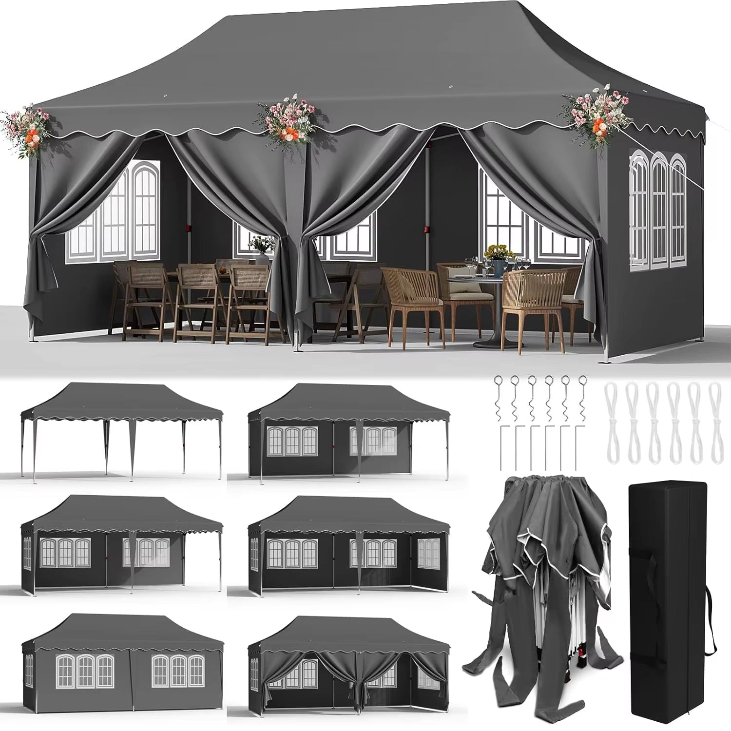 Pavilion Popup Gazebo 3X6M Waterproof Folding Gazebo Tent Party Tent 6 Side Panels Fully Enclosed UV 50+ Height Adjustable 2-3M