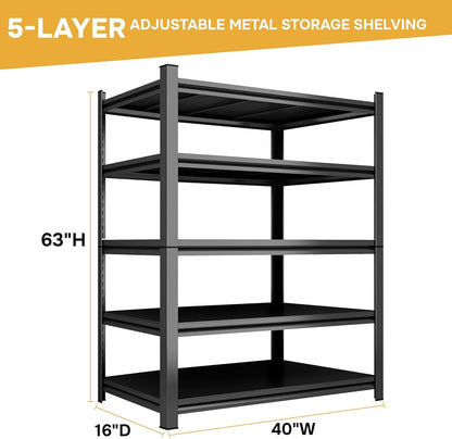40''W Garage Shelving Heavy Duty Garage Storage Shelves, 3000 LBS Adjustable 5 Tier Industrial Shelving Unit, Metal Utility Shelf for Basement, Warehouse and Workshop (63''Hx40''Wx14''D, Black)
