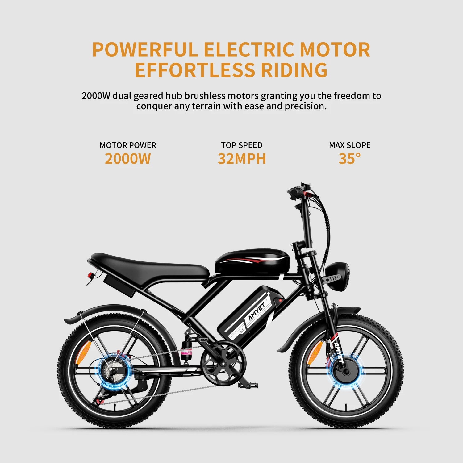 AMYET S6 Electric Bike for Adults Dual Moter Peak 3000W,52V 50AH Removable Dual Battery,140 Miles,32Mph Electric Motorcycle Bike