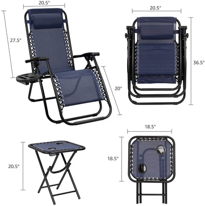 Vineego 3 Pieces Zero Gravity Chair Patio Foldable Chaise Lounge Chairs 2 Beach Chairs and Table with Cup Holders,Blue
