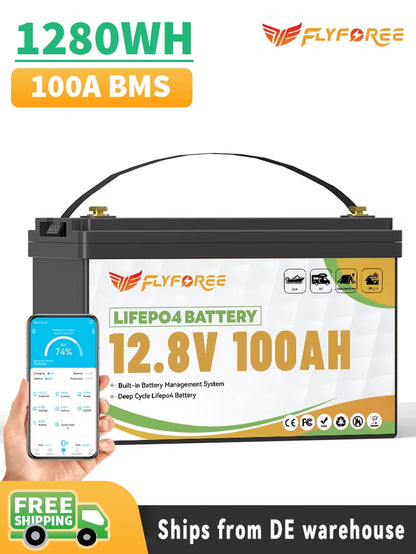 FLLYROWER 12V 100Ah Lifepo4 Lithium Battery Pack with Charger BMS100A for Inverter Solar Off-Road Off-Grid Solar Energy Cycle