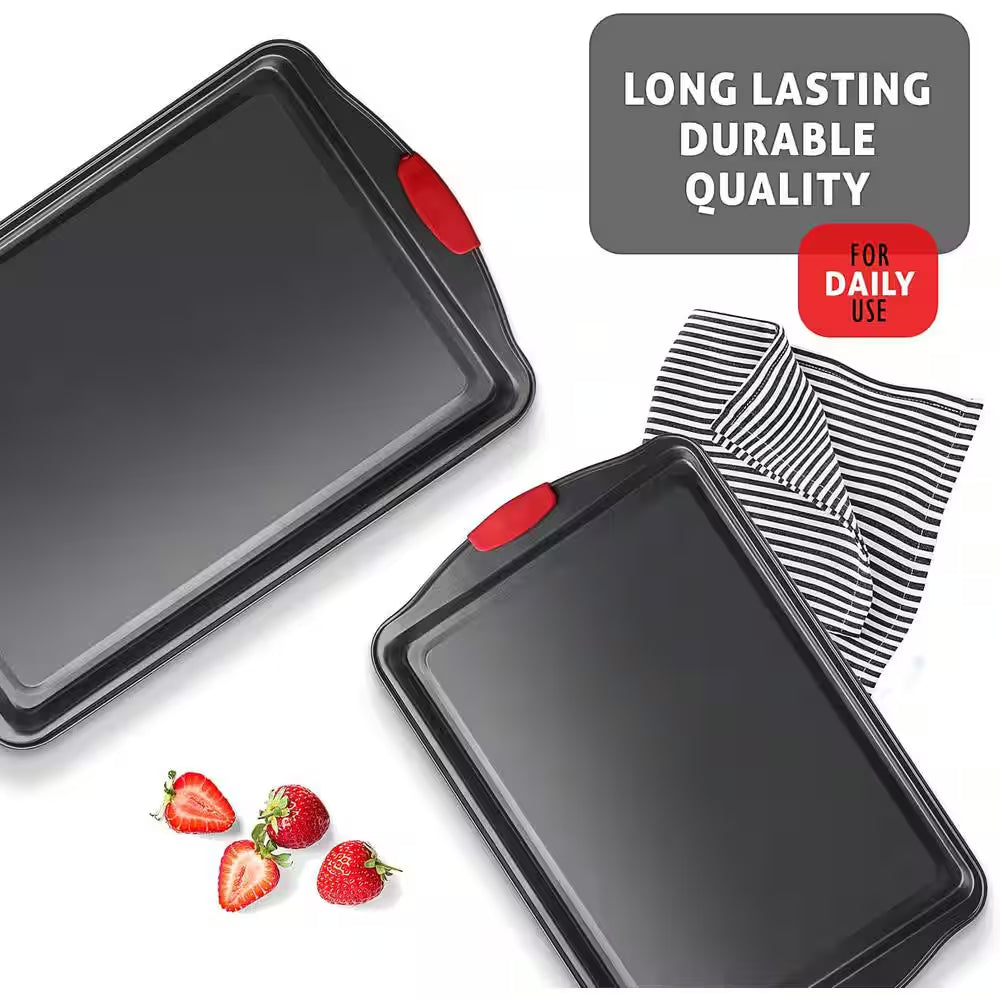 2-Piece Black Steel Nonstick Large Baking Cookie Sheet Set W/Silicone Handles
