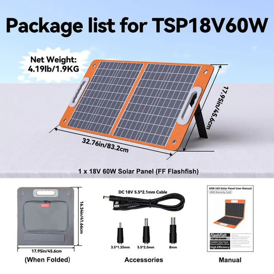 Flashfish 18V 60W Foldable Solar Panel Portable Solar Charger with DC Output USB-C QC3.0 for Phones Tablets Camping RV Trip