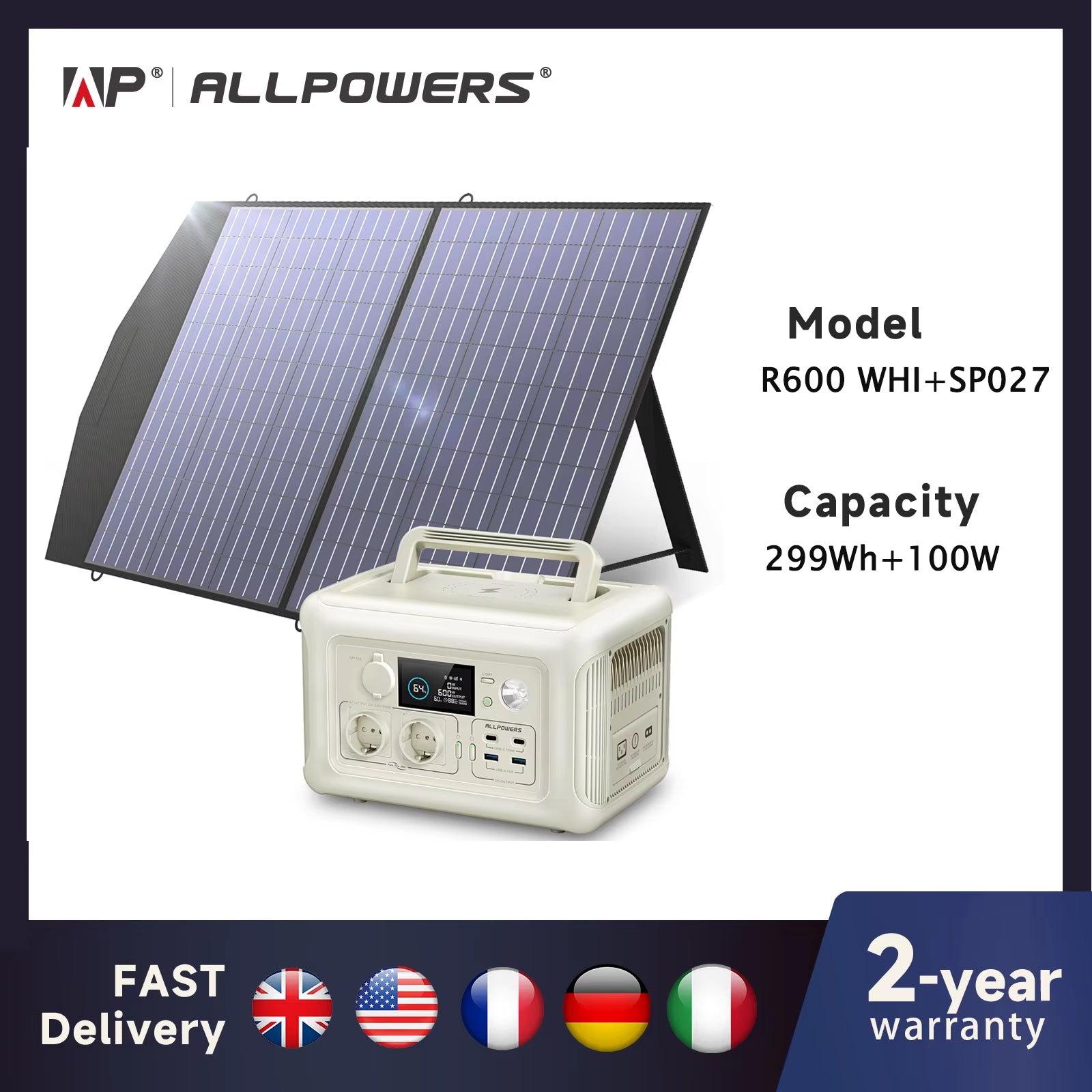 ALLPOWERS R600 Portable Power Station with Solar Panel 100W , 600W 299Wh Lifepo4 Solar Generator UPS Battery Backup MPPT for RV