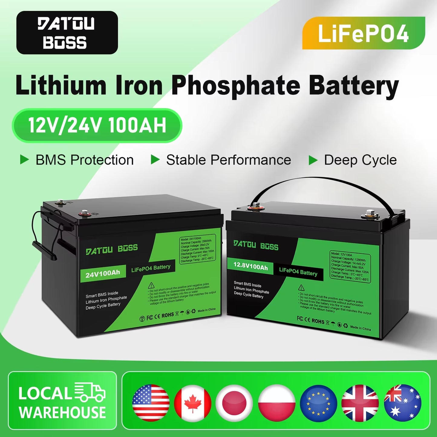 DATOUBOSS 12V24V100A Lithium Battery Lifepo4 Rechargeable BMS for Solar System Home Outdoor Travel Local Warehouse Fast Shipping