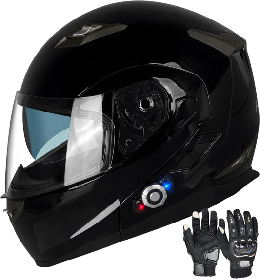 Freedconn BM2-S Bluetooth Motorcycle Helmet, Flip-Up Modular Motorbike Helmet, 500M Connectivity for 2-3 Riders, Voice Dial, Hands-Free Call, MP3, FM, DOT Certified (Medium, Gloss Black)