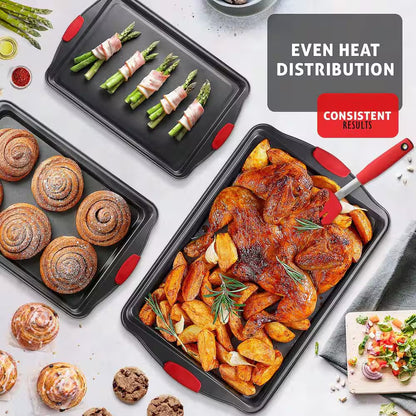 2-Piece Black Steel Nonstick Large Baking Cookie Sheet Set W/Silicone Handles