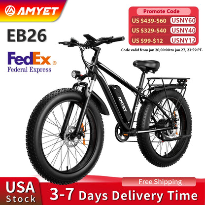 AMYET EB26 Electric Bike for Adults 1000W Electric Bicycle 48V 15AH E Bike 26" Fat Tire Mountain 31Mph Dual Shock Absorber Ebike