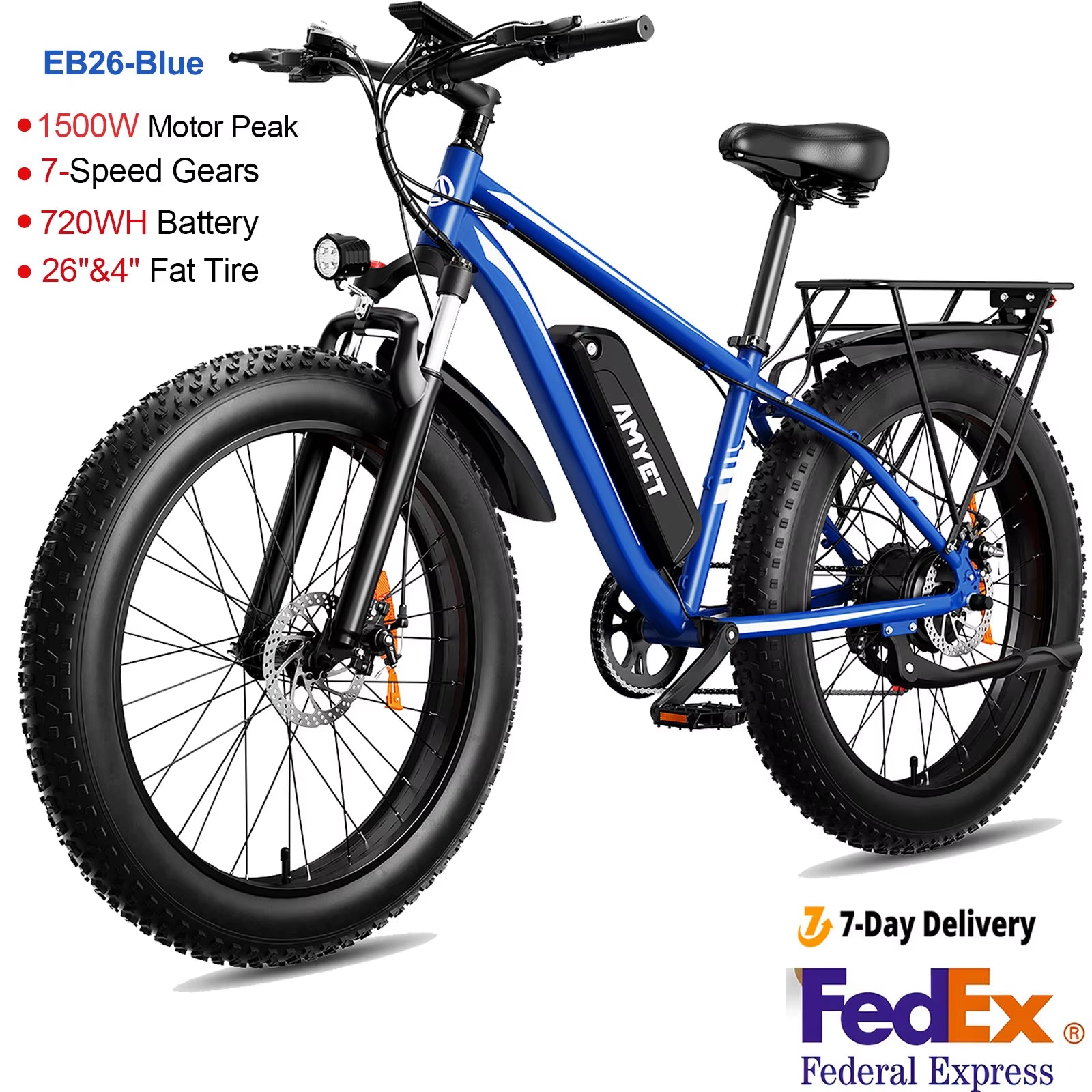 AMYET Electric Bike EB26 Blue Adults Electric Bicycle 31Mph Peak 1500W 720WH Ebike 26" Fat Tire Mountain Bike Electric Dirt Bike
