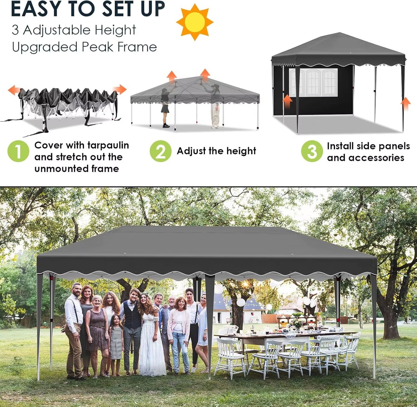 Pavilion Popup Gazebo 3X6M Waterproof Folding Gazebo Tent Party Tent 6 Side Panels Fully Enclosed UV 50+ Height Adjustable 2-3M