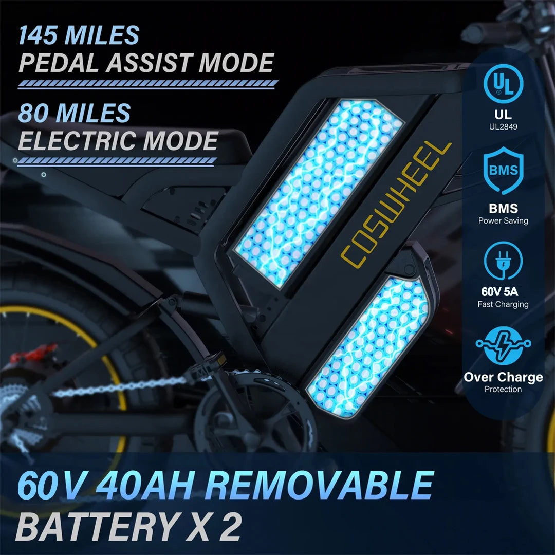Coswheel Electric Bike for Adults GT20 Max 2000W Electric Motorcycle Dirt Bike 60V 40AH Removable Battery off Road Mountain Bike