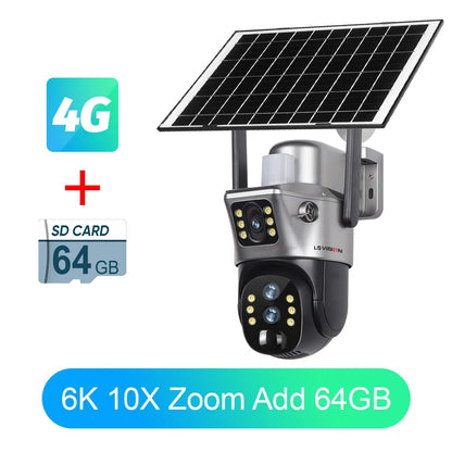 LS VISION Solar Camera 4G Sim Outdoor Dual Lens Wifi 8MP 4K IP Camara Solar Panel CCTV Security Built in Battery PIR Cam V380