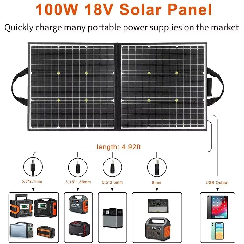 100W Portable Foldable Solar Panel 18V Battery Cell Charger USB QC3.0 for Outdoor Solar Generator Backup Tablet Camping RV Trip