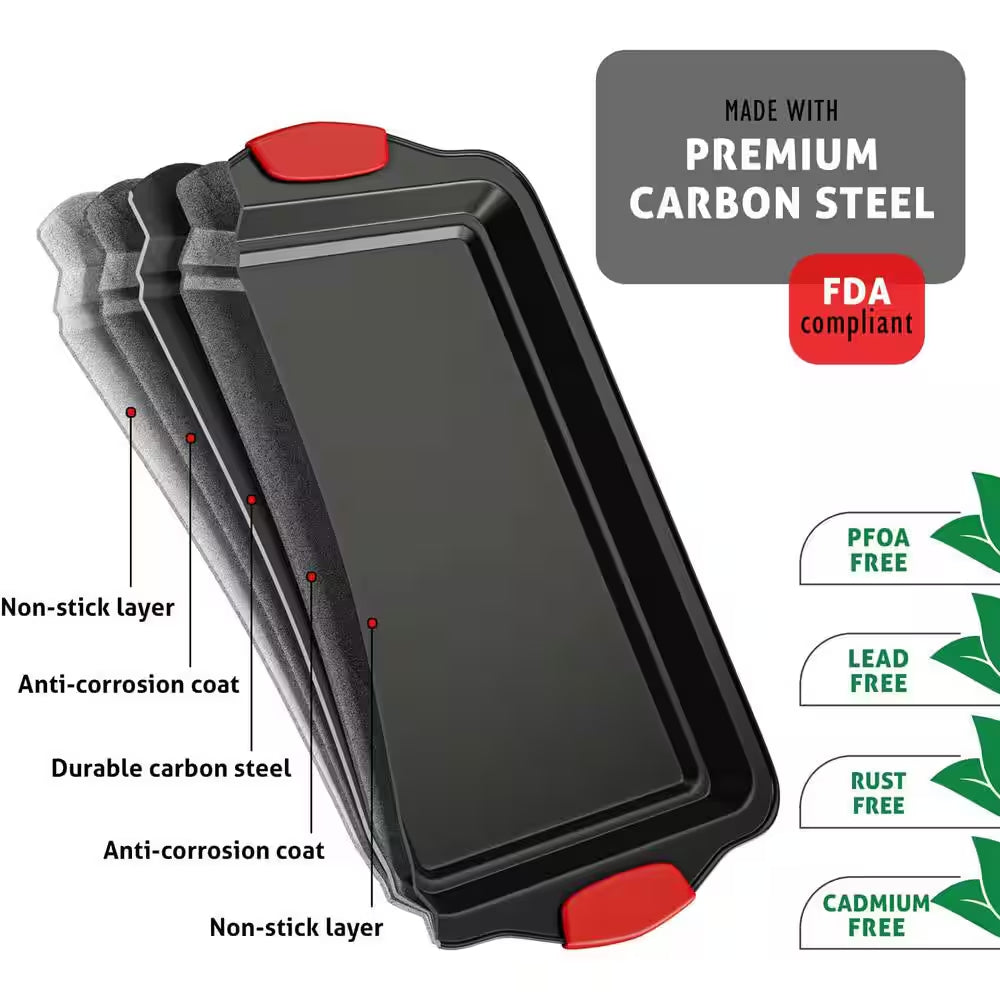 2-Piece Black Steel Nonstick Large Baking Cookie Sheet Set W/Silicone Handles