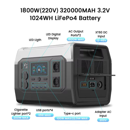 XP1000 1024Wh 220V 1800W(110V 1600W) Portable Power Station, Lifepo4 Battery, UPS Function, 400W 200W Foldable Solar Panel