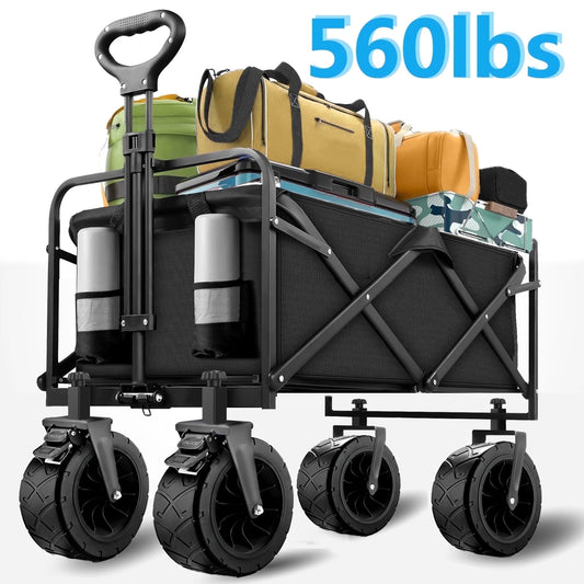 Qunler 560Lbs Collapsible Folding Wagon, Big Bucket Beach Cart, Heavy Duty Large Capacity Garden Wagon with Multi-Terrain Brake Wheels for Outdoor Camping, Shopping, Sports, Grocery, Kids, Black