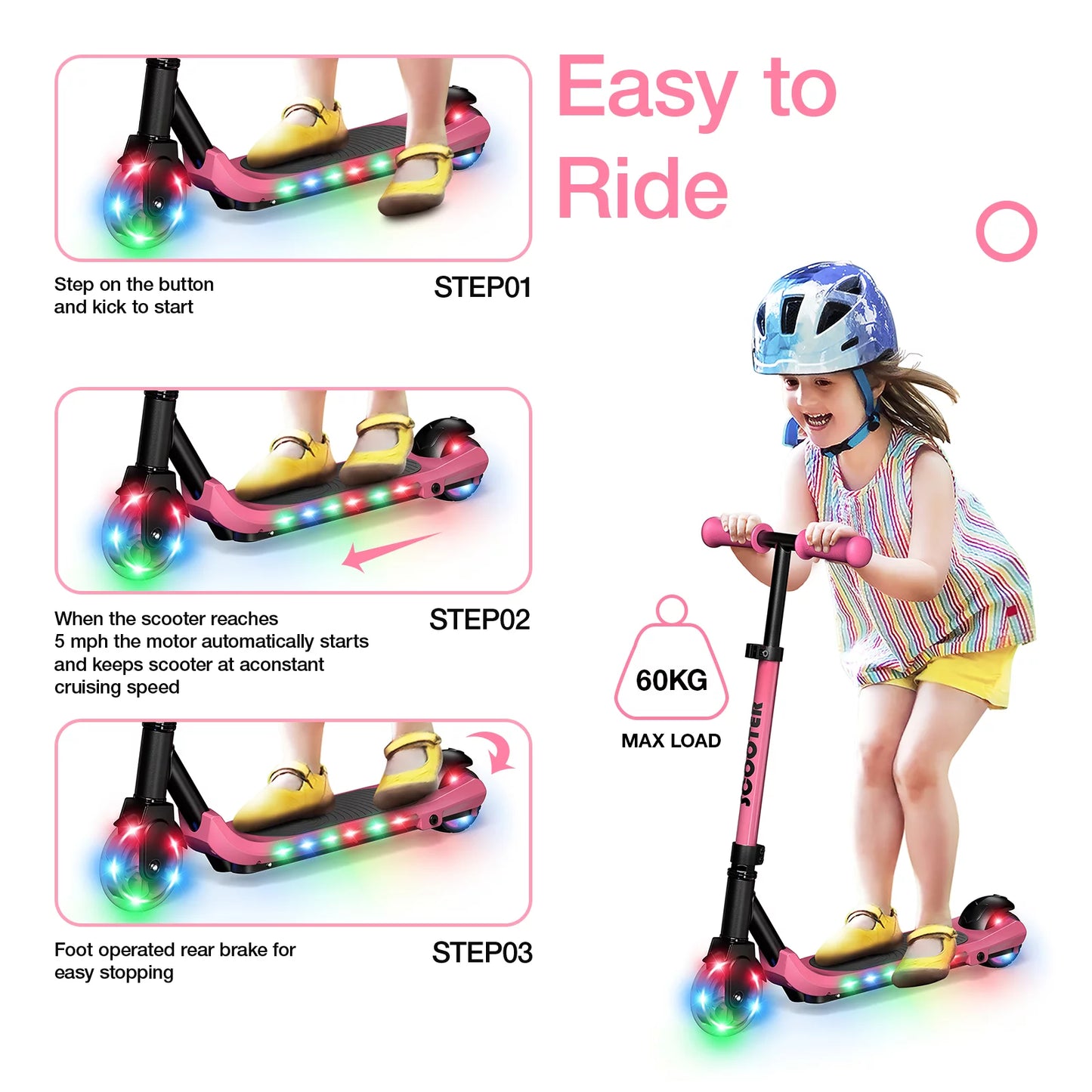 Electric Scooter for Kids, 60W Electric Scooter for Kids Ages 8+, up to 120 Lbs & 60 Mins of Ride