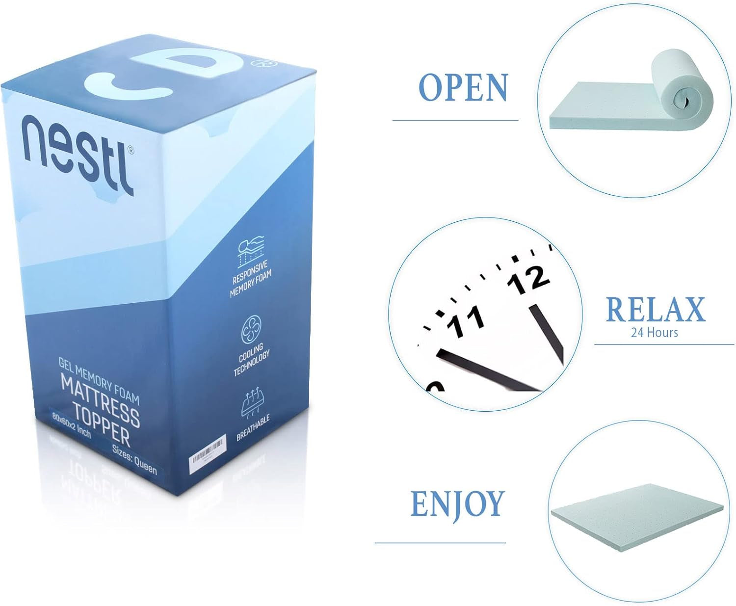 Nestl Bedding Mattress Topper, 2 Inch Memory Foam Topper, Gel Infused Memory Foam Mattress Topper, Ventilated Design Mattress Pad, Twin, Blue