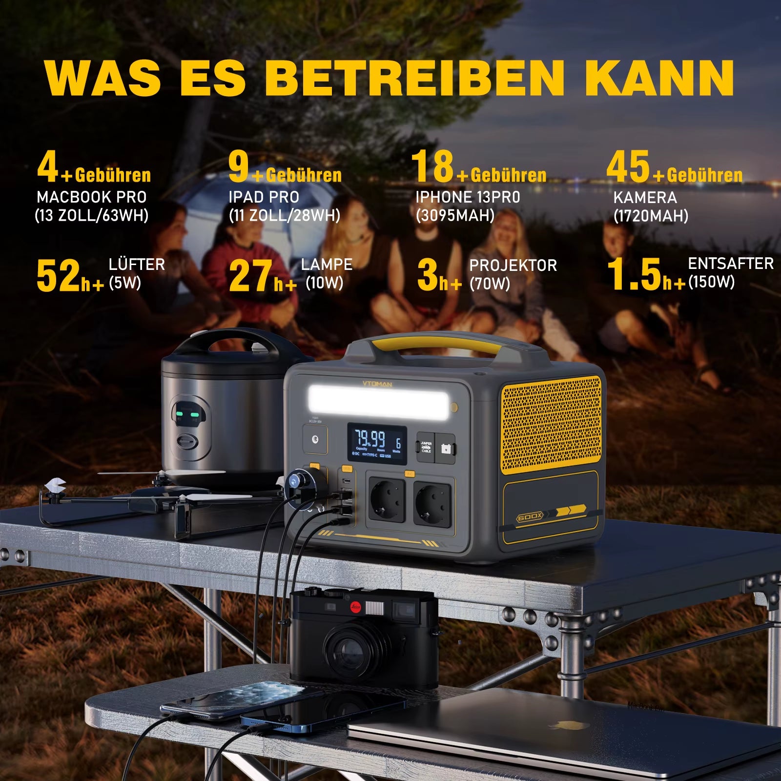 VTOMAN JUMP 600X Portable Power Station 299Wh Solar Generator Lifepo4 1200W Peak Power Powerstation Emergency Backup