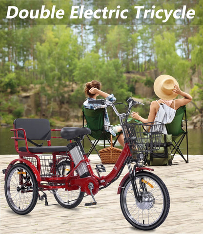 Electric Tricycle for Adults Folding Electric Trike 3 Wheel Electric Trike with Two-Seater Large Basket Super Powerful Brushless 350W Motor 36V12AH Lithium Battery Max 20MPH E-Tricycle Red