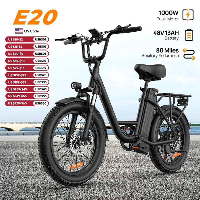 1000W E20 Electric Bike | 48V 13Ah Removable Battery, 20MPH, 20''X3" Fat Tire, 7-Speed Electric Bicycles with Dual Disc Brake