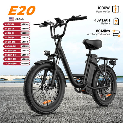 1000W E20 Electric Bike | 48V 13Ah Removable Battery, 20MPH, 20''X3" Fat Tire, 7-Speed Electric Bicycles with Dual Disc Brake