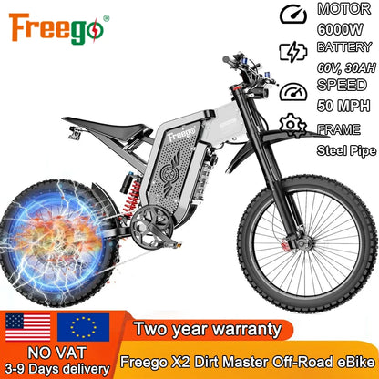 Ebike Freego X2 Electric Motorcycles Brushless Gearless Motors 6000W 60V/30Ah Lithium Battery 50MPH Adult off Road MTB Ebike