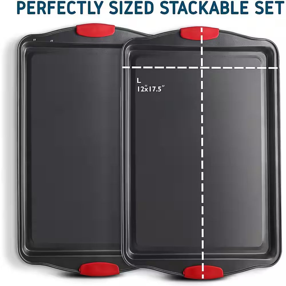 2-Piece Black Steel Nonstick Large Baking Cookie Sheet Set W/Silicone Handles